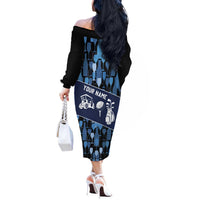 Custom Blue Wine Camo Pattern Golf Off The Shoulder Long Sleeve Dress with Blue Golf Club Pattern Cart and Ball Graphic - Wonder Print Shop