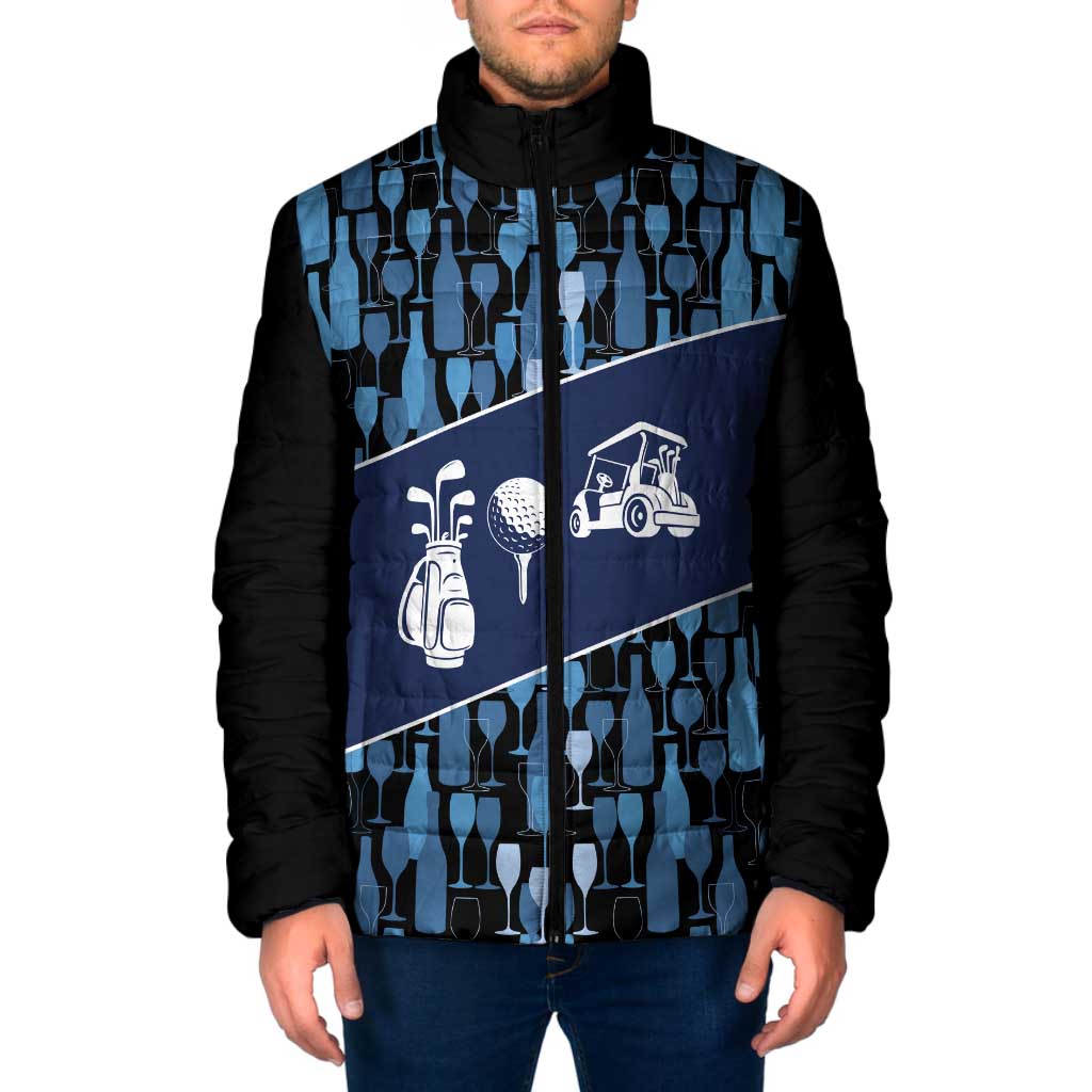 Custom Blue Wine Camo Pattern Golf Padded Jacket with Blue Golf Club Pattern Cart and Ball Graphic - Wonder Print Shop
