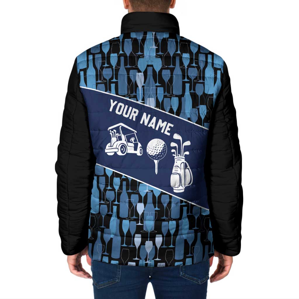 Custom Blue Wine Camo Pattern Golf Padded Jacket with Blue Golf Club Pattern Cart and Ball Graphic - Wonder Print Shop