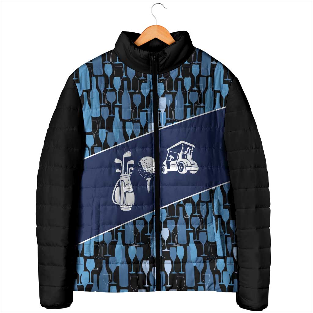 Custom Blue Wine Camo Pattern Golf Padded Jacket with Blue Golf Club Pattern Cart and Ball Graphic - Wonder Print Shop