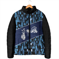 Custom Blue Wine Camo Pattern Golf Padded Jacket with Blue Golf Club Pattern Cart and Ball Graphic - Wonder Print Shop