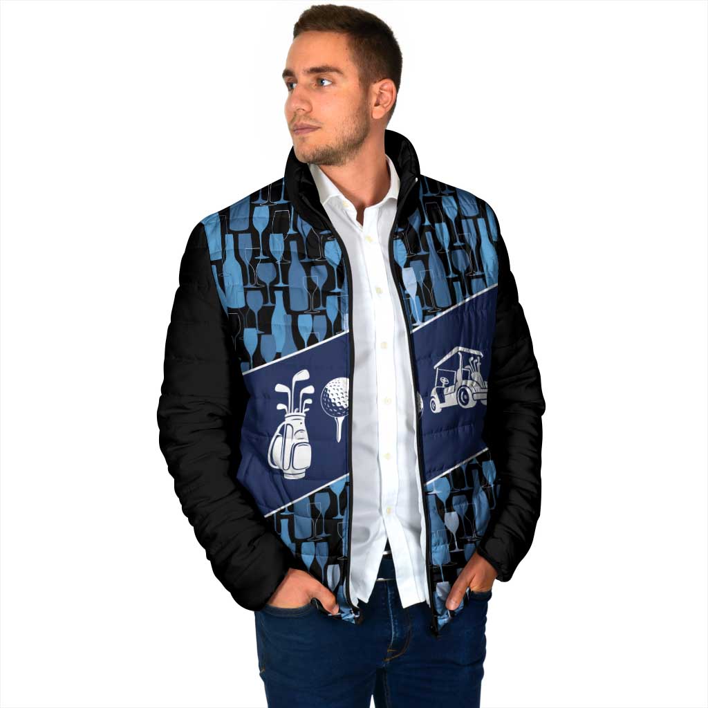 Custom Blue Wine Camo Pattern Golf Padded Jacket with Blue Golf Club Pattern Cart and Ball Graphic - Wonder Print Shop