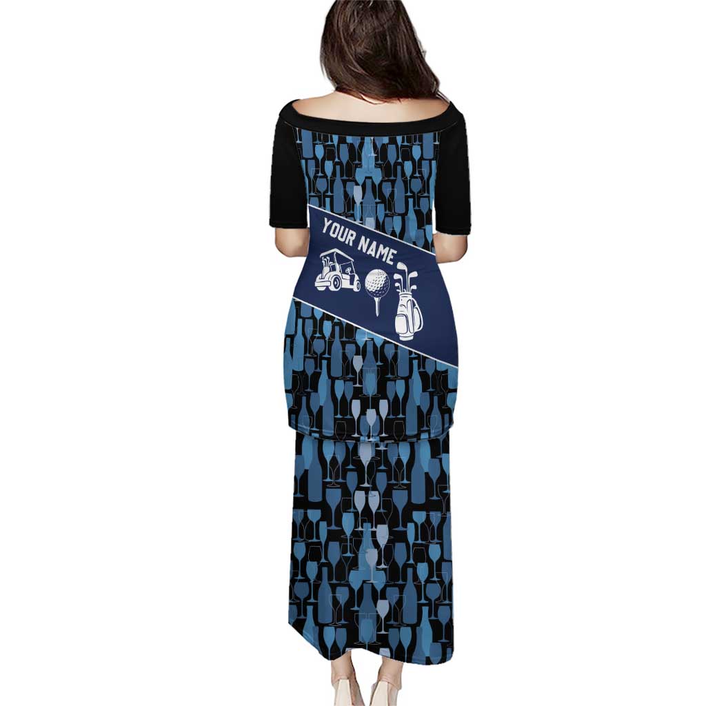 Custom Blue Wine Camo Pattern Golf Puletasi with Blue Golf Club Pattern Cart and Ball Graphic - Wonder Print Shop