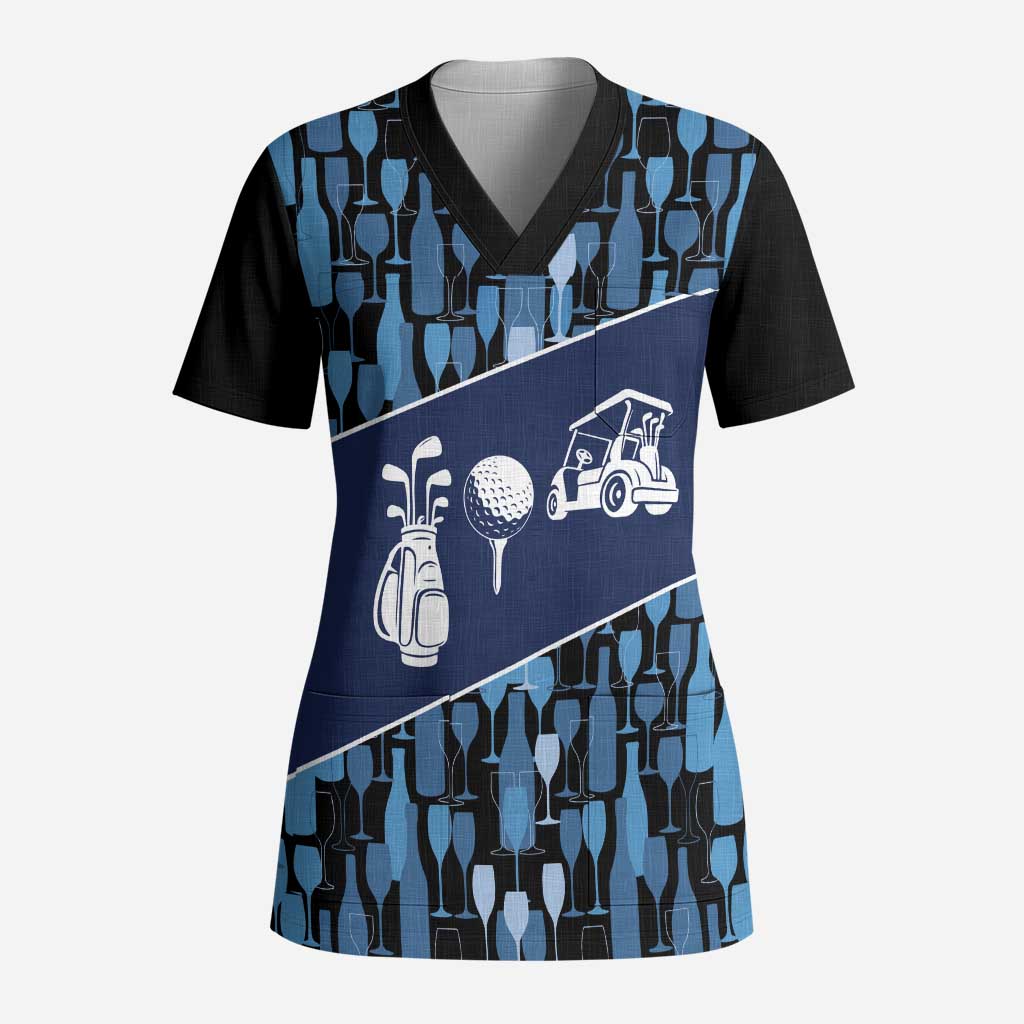 Custom Blue Wine Camo Pattern Golf Scrub Top with Blue Golf Club Pattern Cart and Ball Graphic - Wonder Print Shop