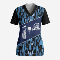 Custom Blue Wine Camo Pattern Golf Scrub Top with Blue Golf Club Pattern Cart and Ball Graphic - Wonder Print Shop