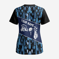 Custom Blue Wine Camo Pattern Golf Scrub Top with Blue Golf Club Pattern Cart and Ball Graphic - Wonder Print Shop