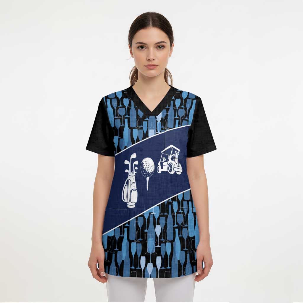 Custom Blue Wine Camo Pattern Golf Scrub Top with Blue Golf Club Pattern Cart and Ball Graphic - Wonder Print Shop