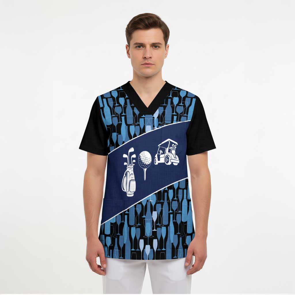 Custom Blue Wine Camo Pattern Golf Scrub Top with Blue Golf Club Pattern Cart and Ball Graphic - Wonder Print Shop