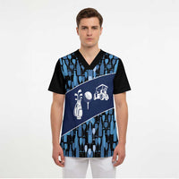 Custom Blue Wine Camo Pattern Golf Scrub Top with Blue Golf Club Pattern Cart and Ball Graphic - Wonder Print Shop