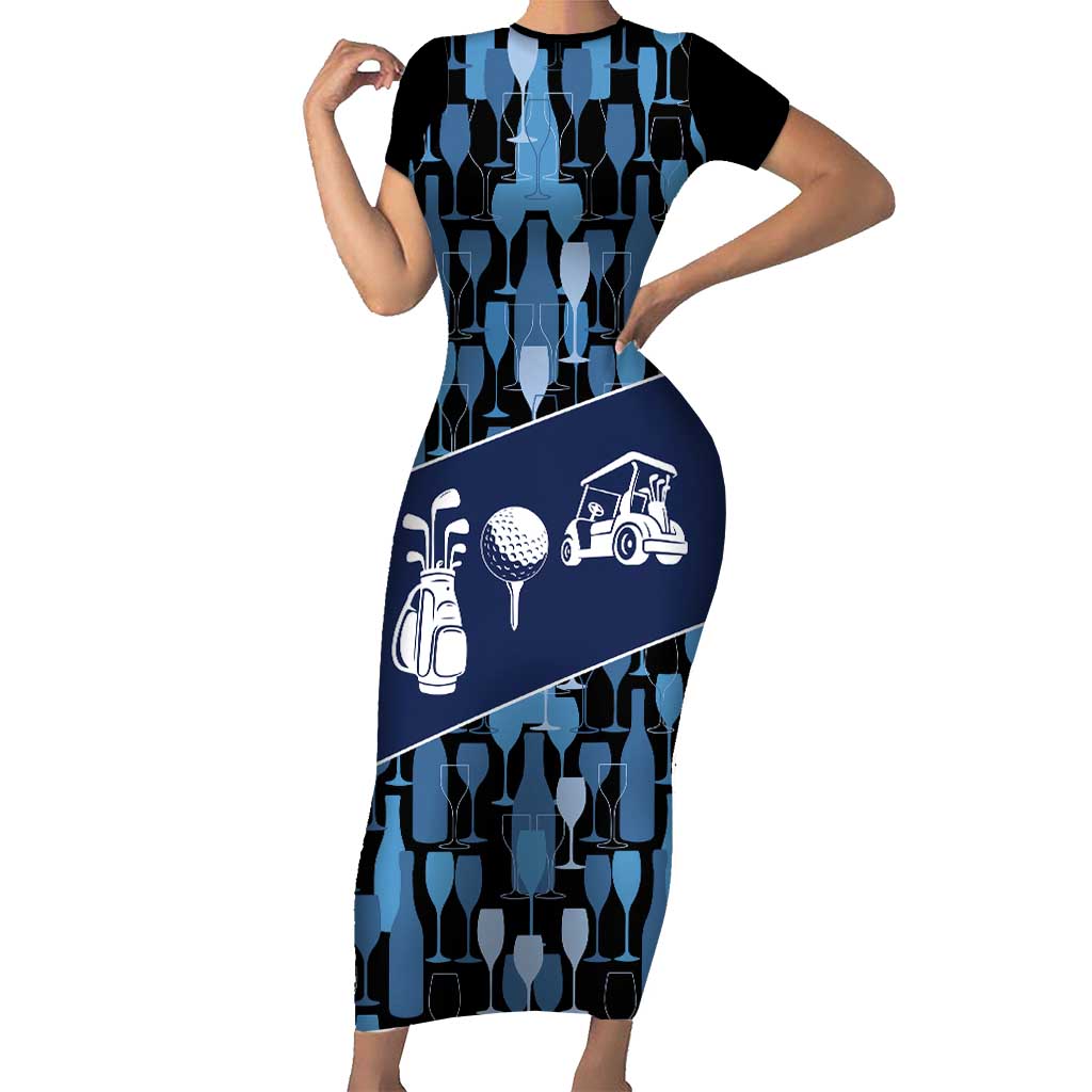 Custom Blue Wine Camo Pattern Golf Short Sleeve Bodycon Dress with Blue Golf Club Pattern Cart and Ball Graphic - Wonder Print Shop