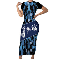 Custom Blue Wine Camo Pattern Golf Short Sleeve Bodycon Dress with Blue Golf Club Pattern Cart and Ball Graphic - Wonder Print Shop