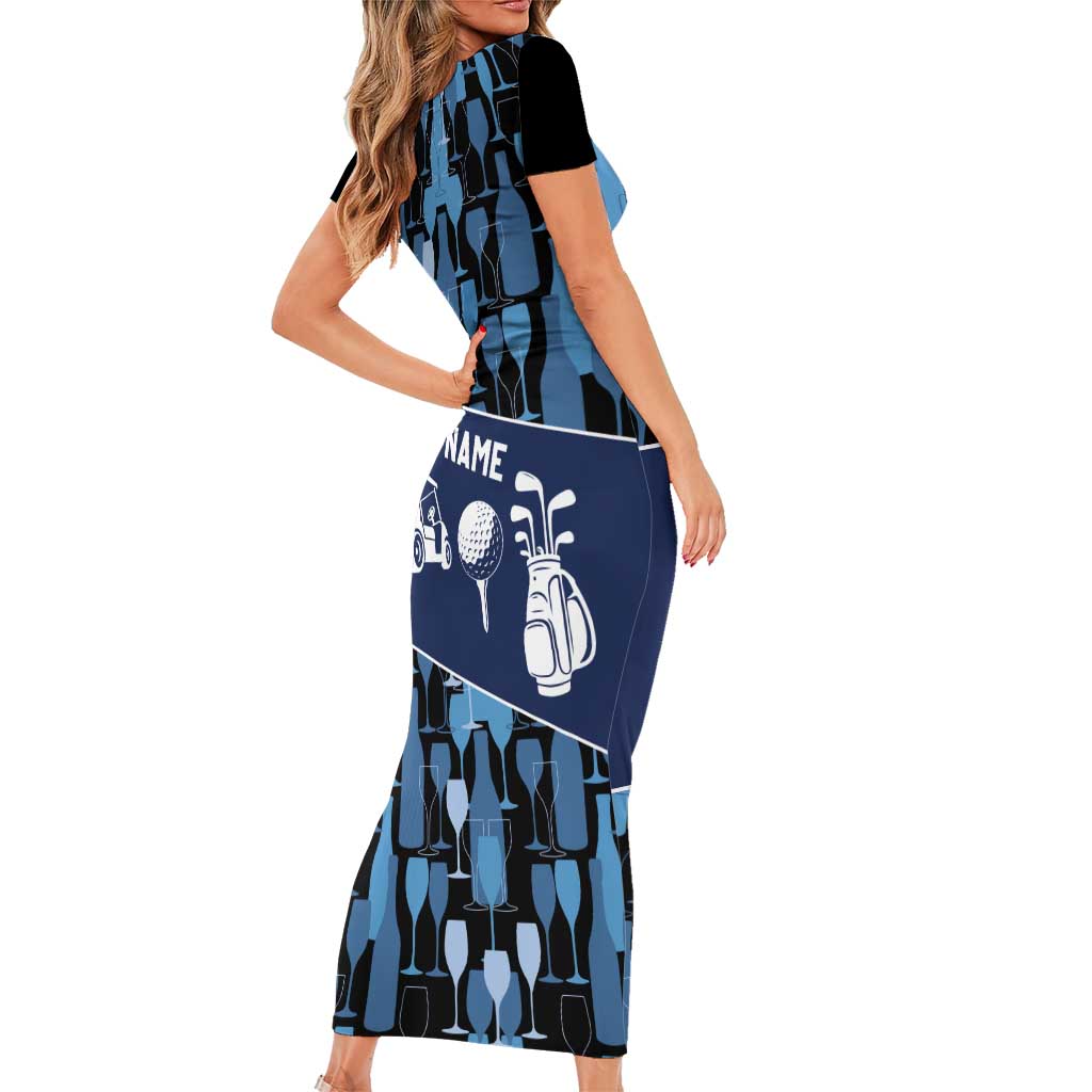 Custom Blue Wine Camo Pattern Golf Short Sleeve Bodycon Dress with Blue Golf Club Pattern Cart and Ball Graphic - Wonder Print Shop