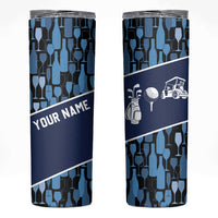 Custom Blue Wine Camo Pattern Golf Skinny Tumbler with Blue Golf Club Pattern Cart and Ball Graphic - Wonder Print Shop