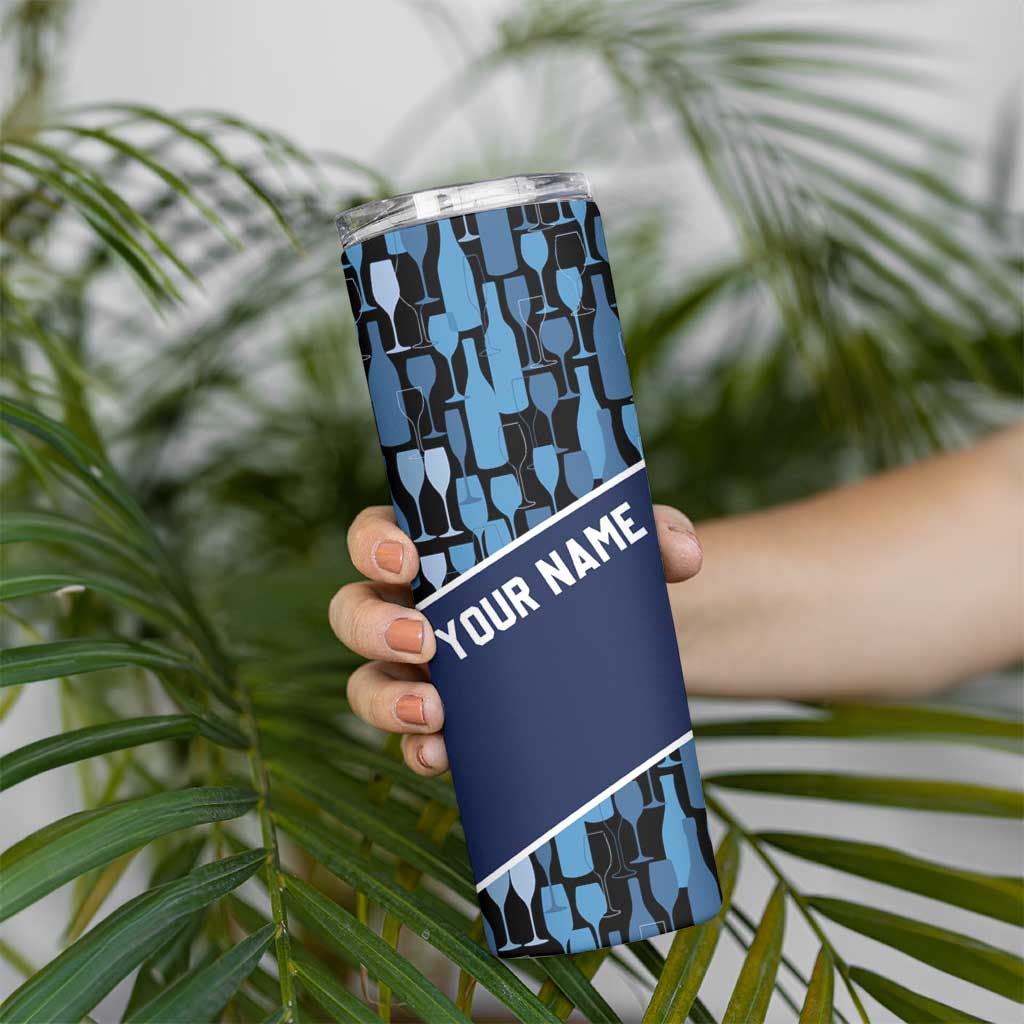 Custom Blue Wine Camo Pattern Golf Skinny Tumbler with Blue Golf Club Pattern Cart and Ball Graphic - Wonder Print Shop