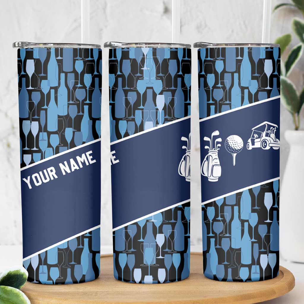 Custom Blue Wine Camo Pattern Golf Skinny Tumbler with Blue Golf Club Pattern Cart and Ball Graphic - Wonder Print Shop
