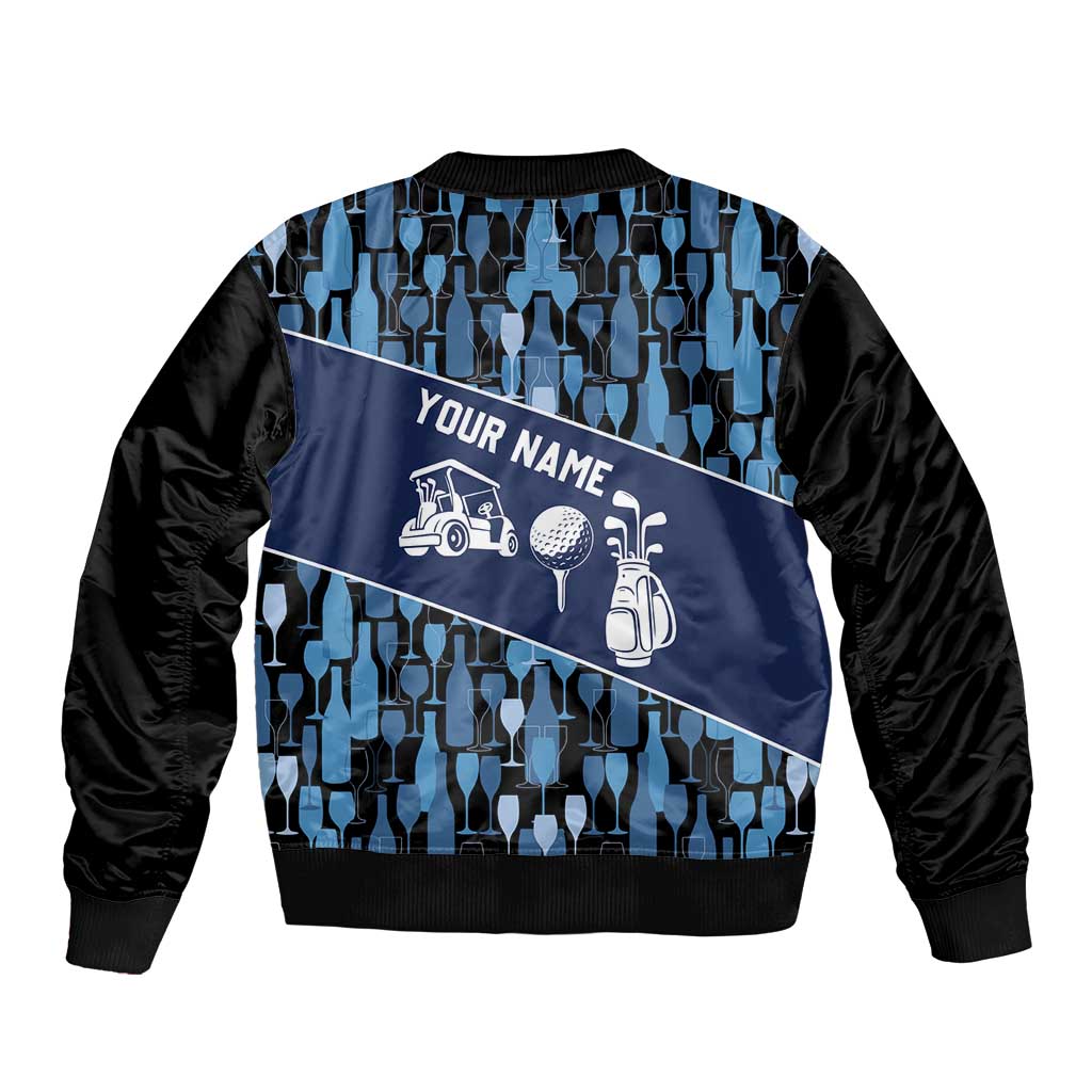 Custom Blue Wine Camo Pattern Golf Sleeve Zip Bomber Jacket with Blue Golf Club Pattern Cart and Ball Graphic - Wonder Print Shop