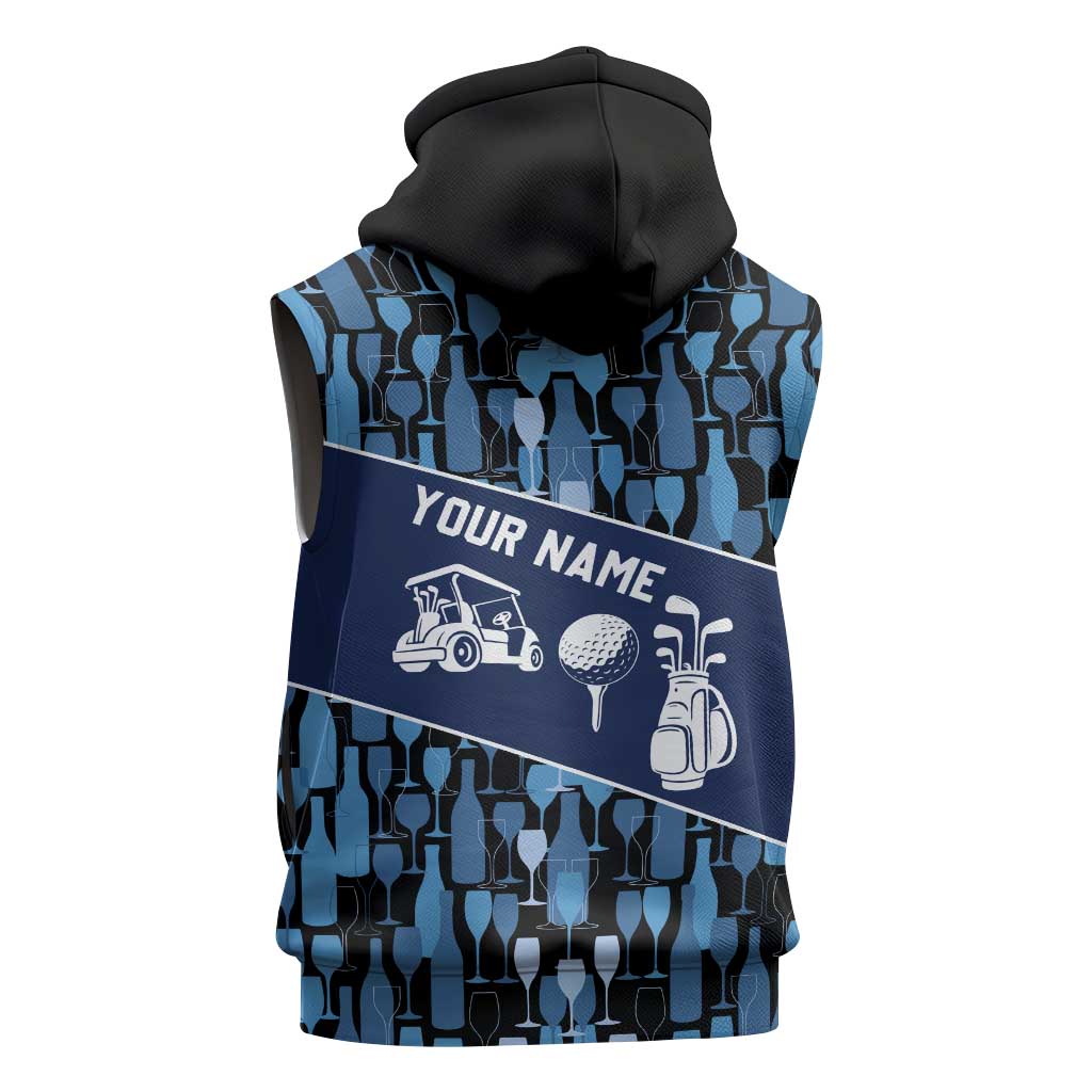 Custom Blue Wine Camo Pattern Golf Sleeveless Hoodie with Blue Golf Club Pattern Cart and Ball Graphic - Wonder Print Shop
