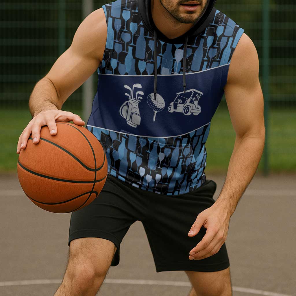 Custom Blue Wine Camo Pattern Golf Sleeveless Hoodie with Blue Golf Club Pattern Cart and Ball Graphic - Wonder Print Shop