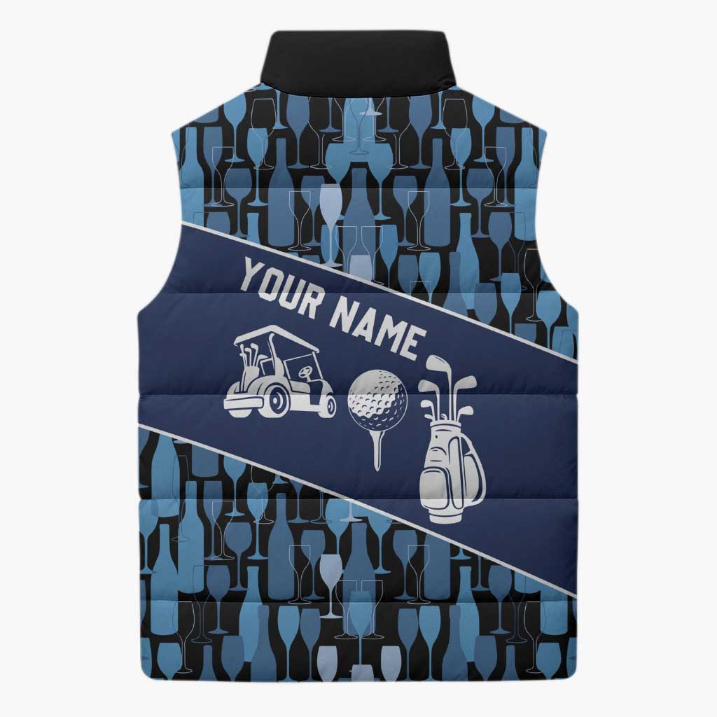 Custom Blue Wine Camo Pattern Golf Sleeveless Puffer Jacket with Blue Golf Club Pattern Cart and Ball Graphic - Wonder Print Shop