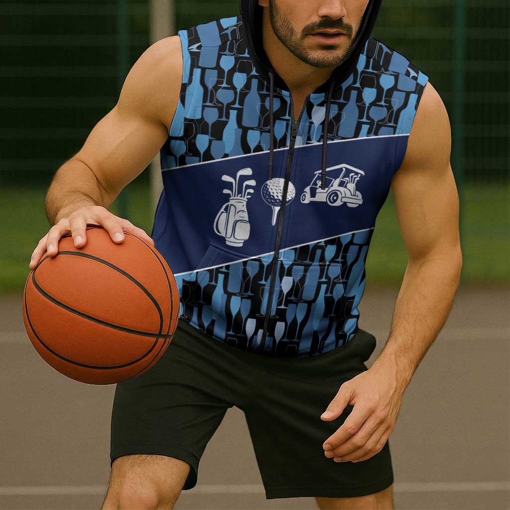 Custom Blue Wine Camo Pattern Golf Sleeveless Zip Hoodie with Blue Golf Club Pattern Cart and Ball Graphic - Wonder Print Shop