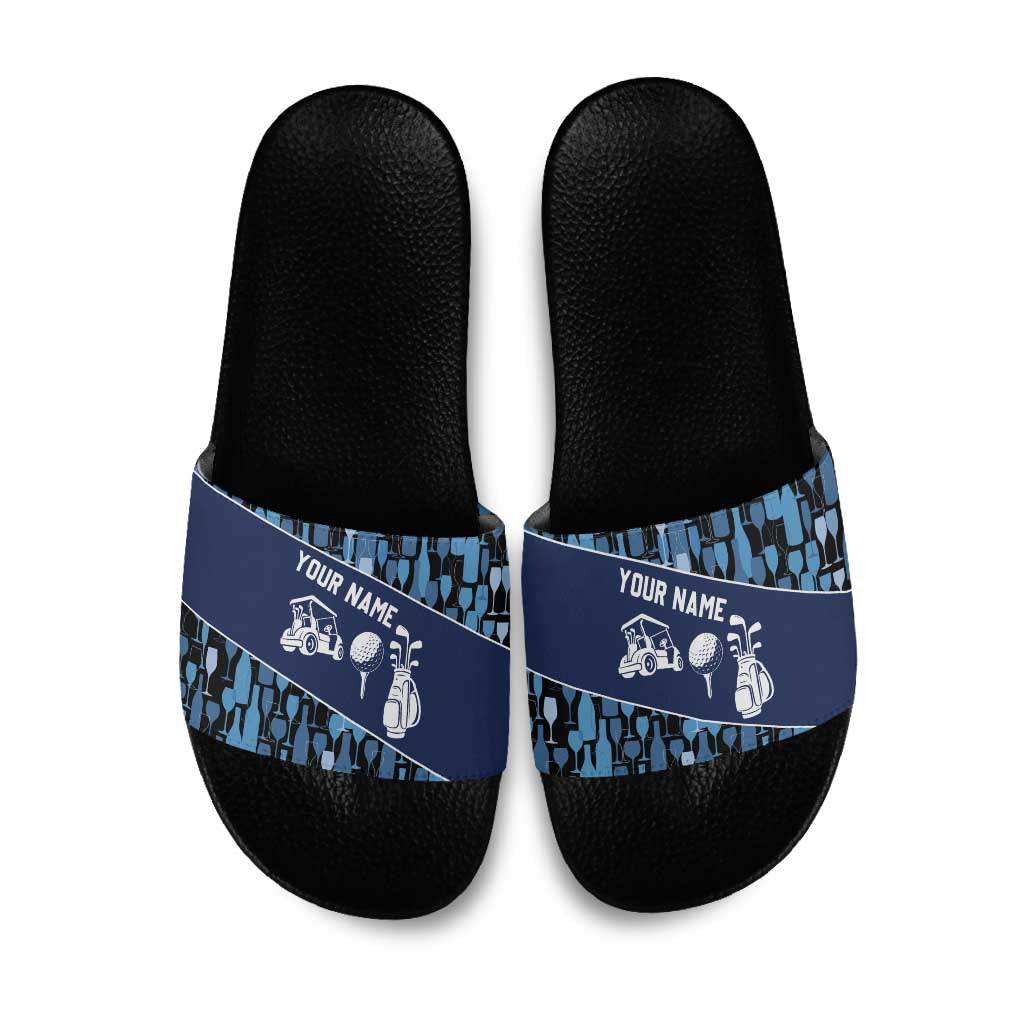 Custom Blue Wine Camo Pattern Golf Slide Sandals with Blue Golf Club Pattern Cart and Ball Graphic - Wonder Print Shop