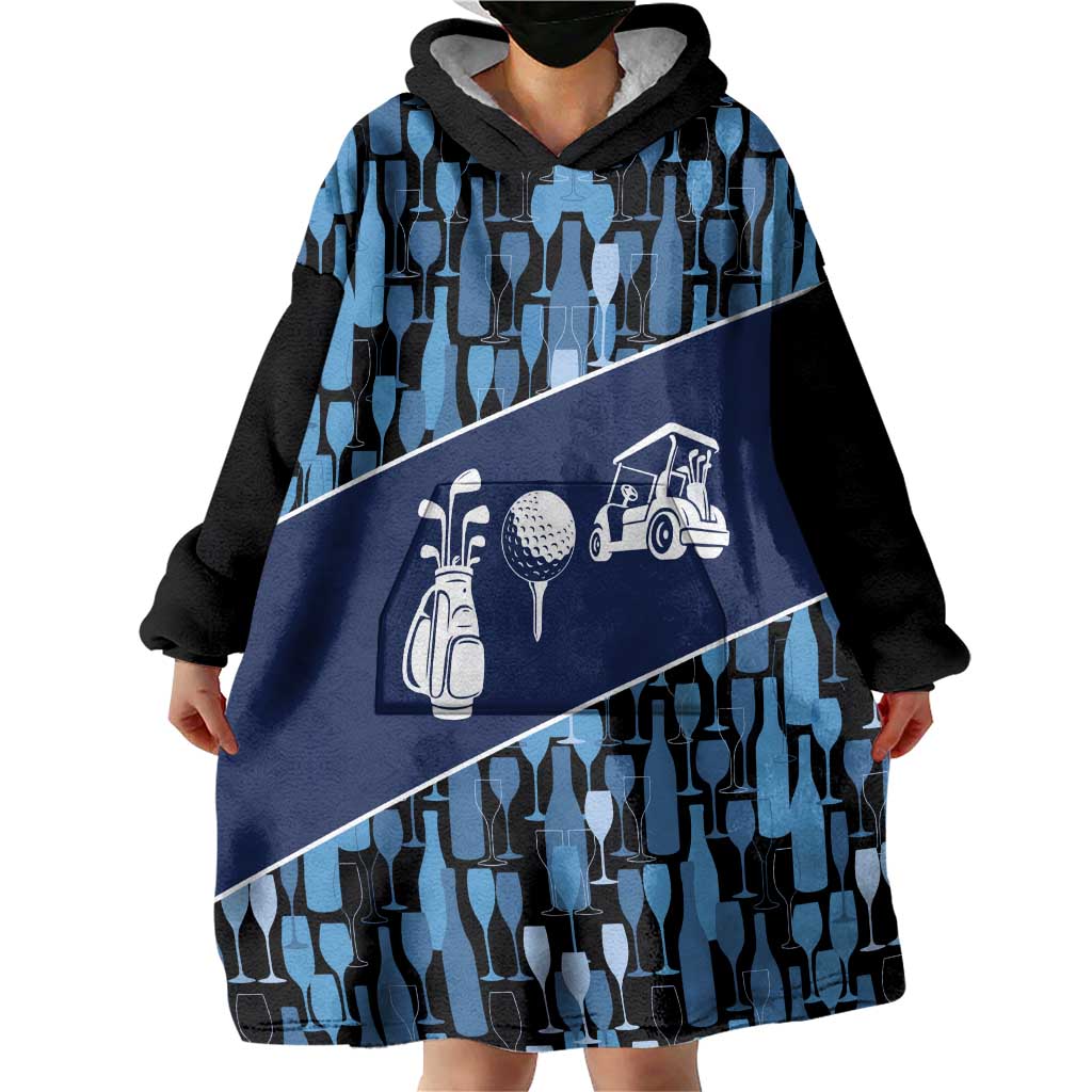 Custom Blue Wine Camo Pattern Golf Wearable Blanket Hoodie with Blue Golf Club Pattern Cart and Ball Graphic - Wonder Print Shop