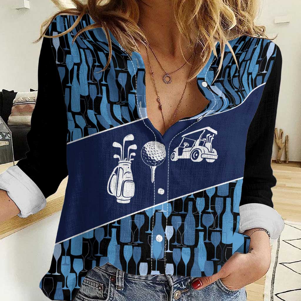 Custom Blue Wine Camo Pattern Golf Women Casual Shirt with Blue Golf Club Pattern Cart and Ball Graphic - Wonder Print Shop