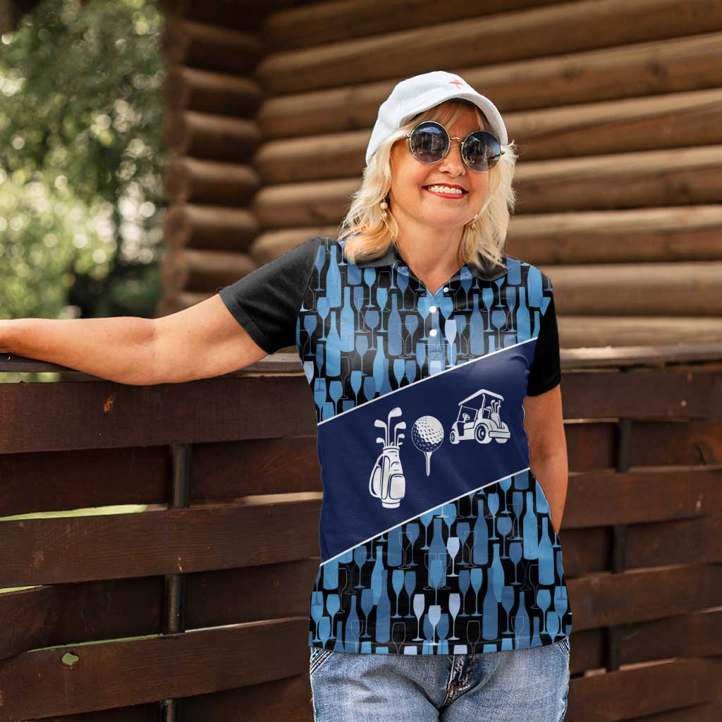 Custom Blue Wine Camo Pattern Golf Women Polo Shirt with Blue Golf Club Pattern Cart and Ball Graphic - Wonder Print Shop