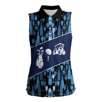 Custom Blue Wine Camo Pattern Golf Women Sleeveless Polo Shirt with Blue Golf Club Pattern Cart and Ball Graphic - Wonder Print Shop