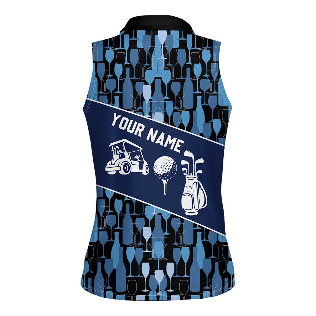 Custom Blue Wine Camo Pattern Golf Women Sleeveless Polo Shirt with Blue Golf Club Pattern Cart and Ball Graphic - Wonder Print Shop