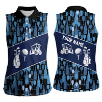 Custom Blue Wine Camo Pattern Golf Women Sleeveless Polo Shirt with Blue Golf Club Pattern Cart and Ball Graphic - Wonder Print Shop