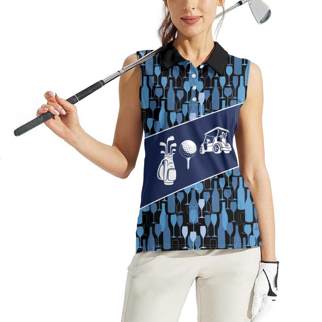 Custom Blue Wine Camo Pattern Golf Women Sleeveless Polo Shirt with Blue Golf Club Pattern Cart and Ball Graphic - Wonder Print Shop