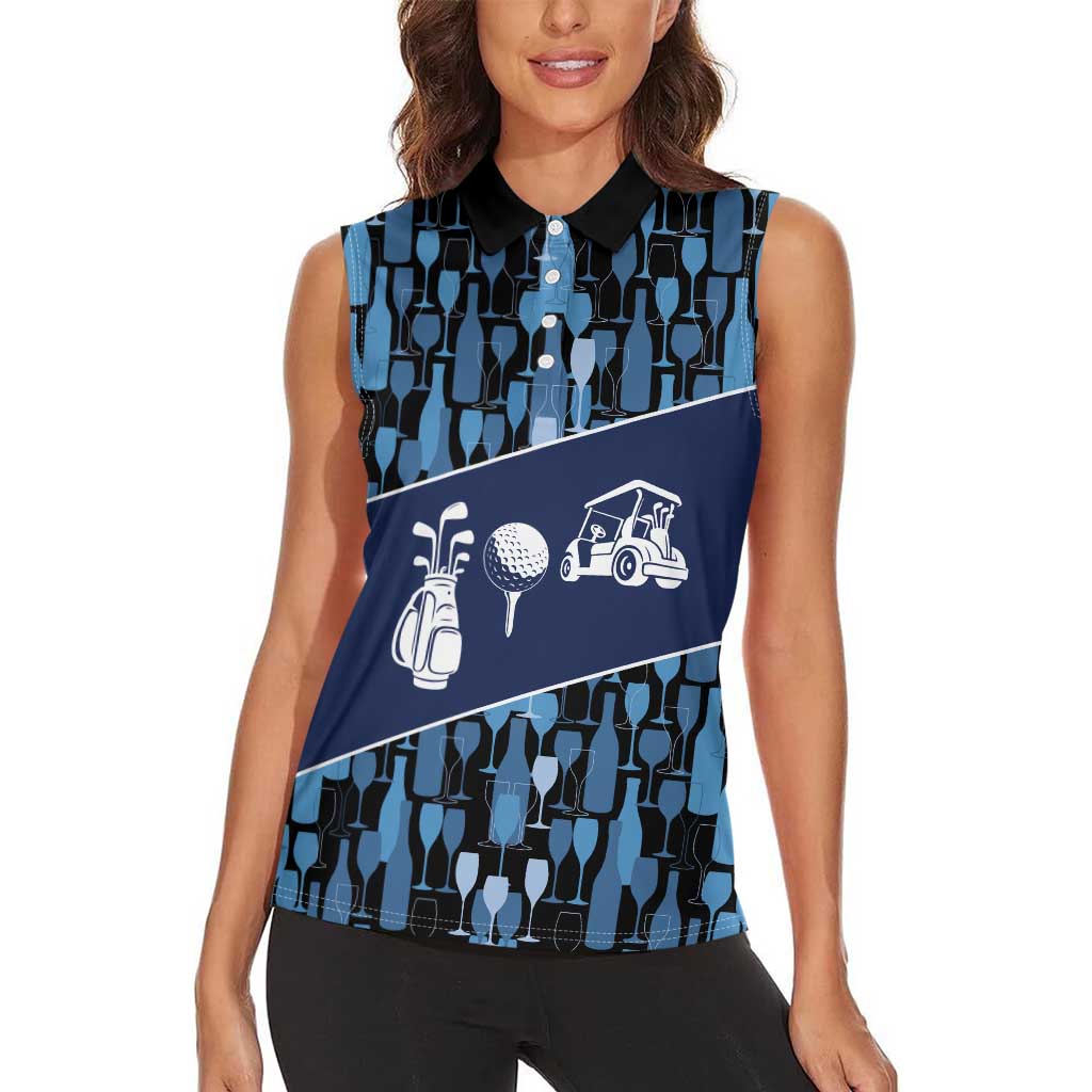 Custom Blue Wine Camo Pattern Golf Women Sleeveless Polo Shirt with Blue Golf Club Pattern Cart and Ball Graphic - Wonder Print Shop
