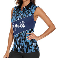 Custom Blue Wine Camo Pattern Golf Women Sleeveless Polo Shirt with Blue Golf Club Pattern Cart and Ball Graphic - Wonder Print Shop