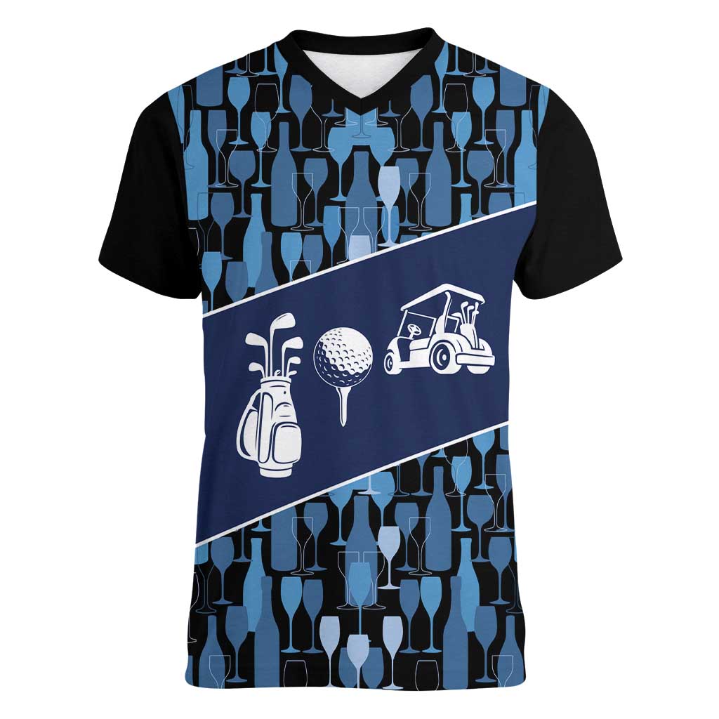 Custom Blue Wine Camo Pattern Golf Women V-Neck T-Shirt with Blue Golf Club Pattern Cart and Ball Graphic - Wonder Print Shop