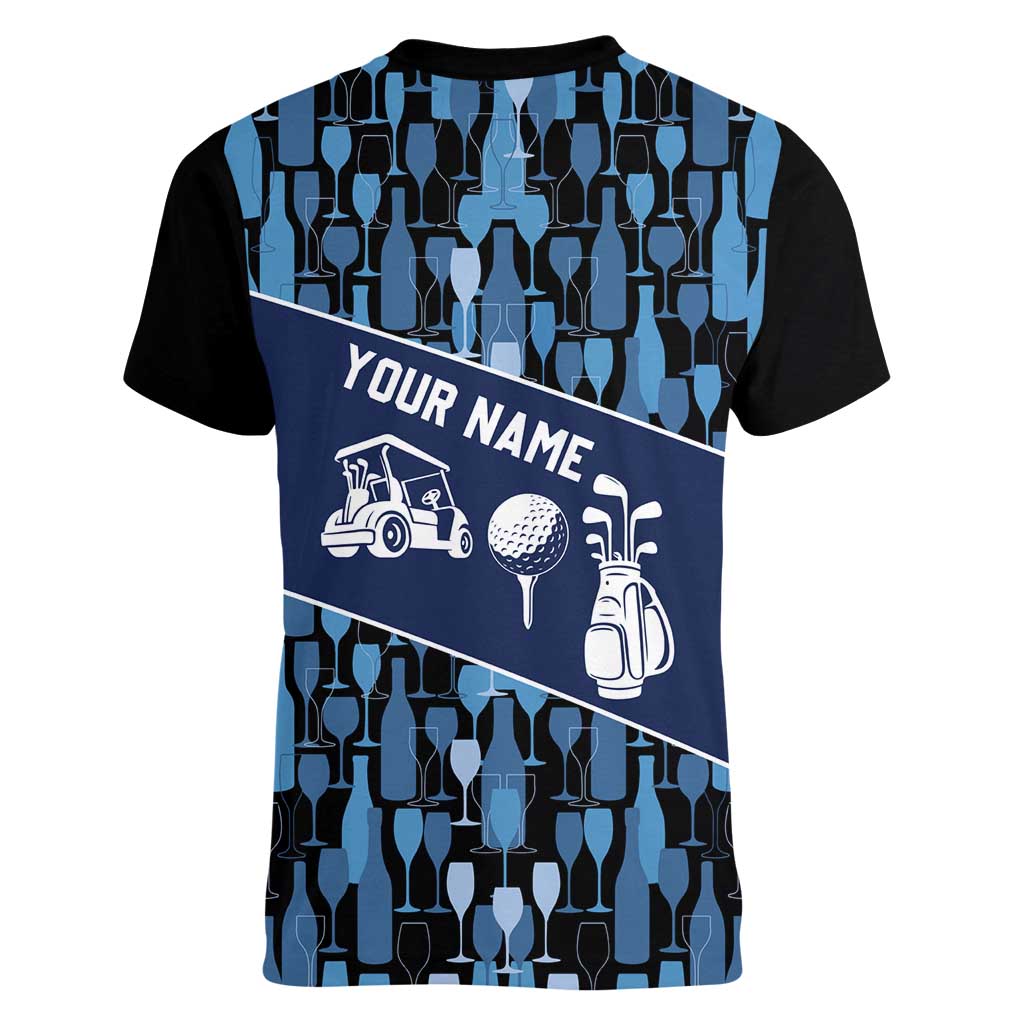 Custom Blue Wine Camo Pattern Golf Women V-Neck T-Shirt with Blue Golf Club Pattern Cart and Ball Graphic - Wonder Print Shop