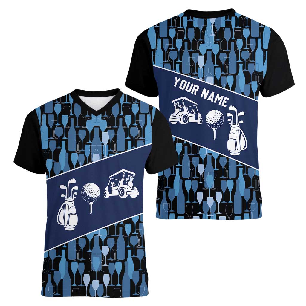Custom Blue Wine Camo Pattern Golf Women V-Neck T-Shirt with Blue Golf Club Pattern Cart and Ball Graphic - Wonder Print Shop