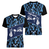 Custom Blue Wine Camo Pattern Golf Women V-Neck T-Shirt with Blue Golf Club Pattern Cart and Ball Graphic - Wonder Print Shop