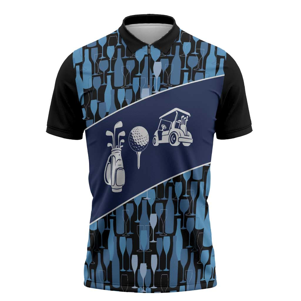 Custom Blue Wine Camo Pattern Golf Zipper Polo Shirt with Blue Golf Club Pattern Cart and Ball Graphic - Wonder Print Shop