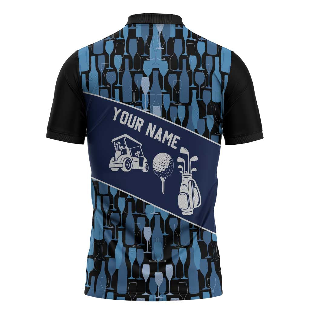 Custom Blue Wine Camo Pattern Golf Zipper Polo Shirt with Blue Golf Club Pattern Cart and Ball Graphic - Wonder Print Shop