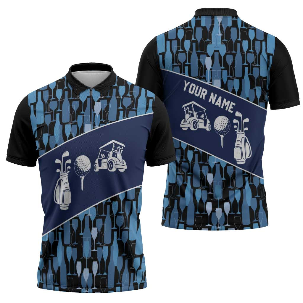 Custom Blue Wine Camo Pattern Golf Zipper Polo Shirt with Blue Golf Club Pattern Cart and Ball Graphic - Wonder Print Shop