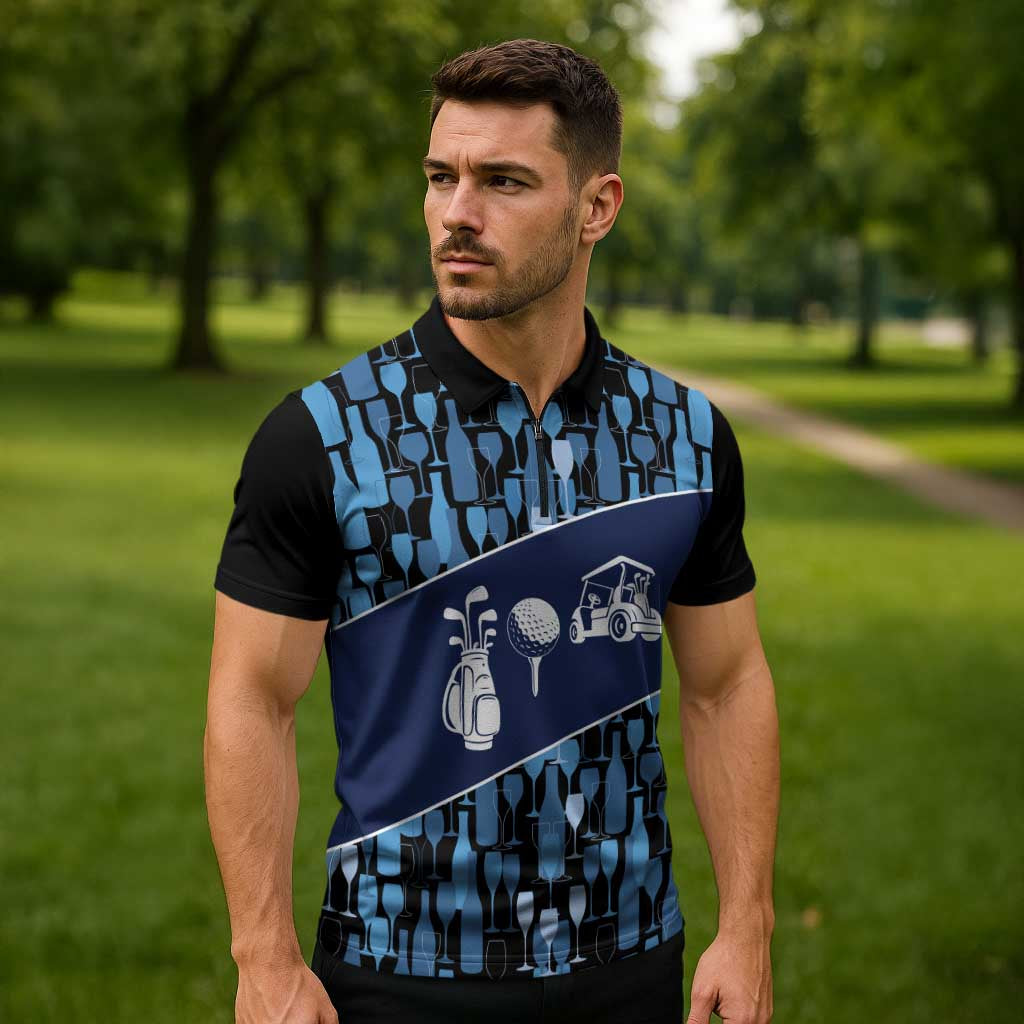 Custom Blue Wine Camo Pattern Golf Zipper Polo Shirt with Blue Golf Club Pattern Cart and Ball Graphic - Wonder Print Shop