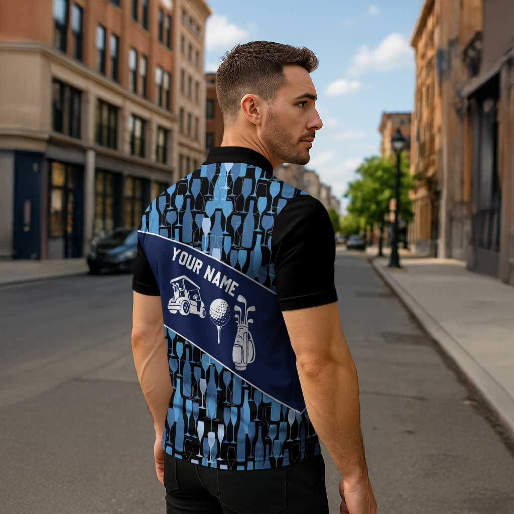 Custom Blue Wine Camo Pattern Golf Zipper Polo Shirt with Blue Golf Club Pattern Cart and Ball Graphic - Wonder Print Shop