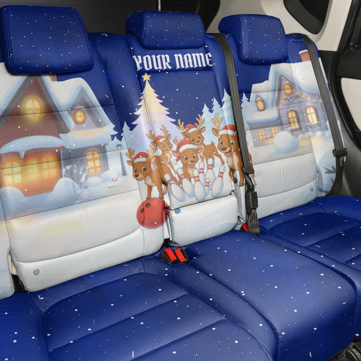 Funny Christmas Reindeer Bowling Custom Back Car Seat Cover with Reindeer Snow Scene - Wonder Print Shop