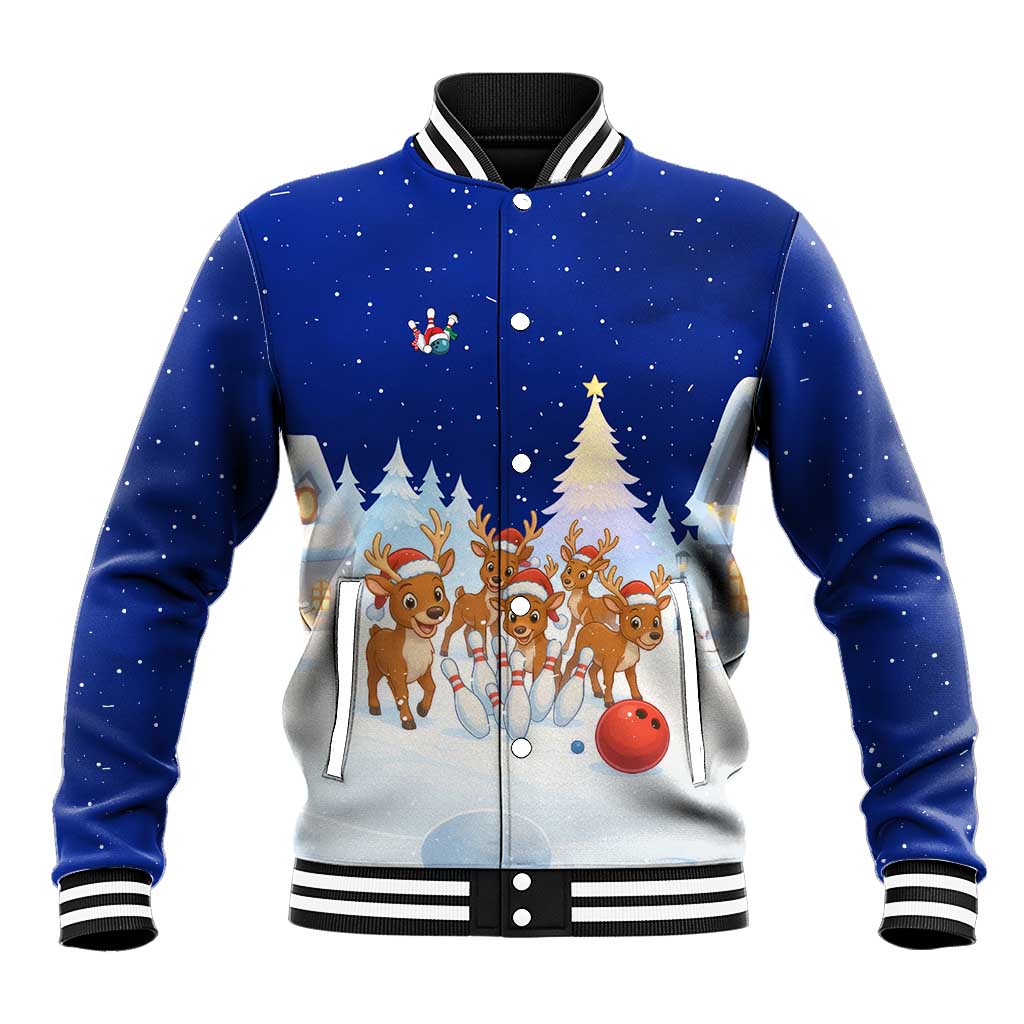 Funny Christmas Reindeer Bowling Custom Baseball Jacket with Reindeer Snow Scene - Wonder Print Shop