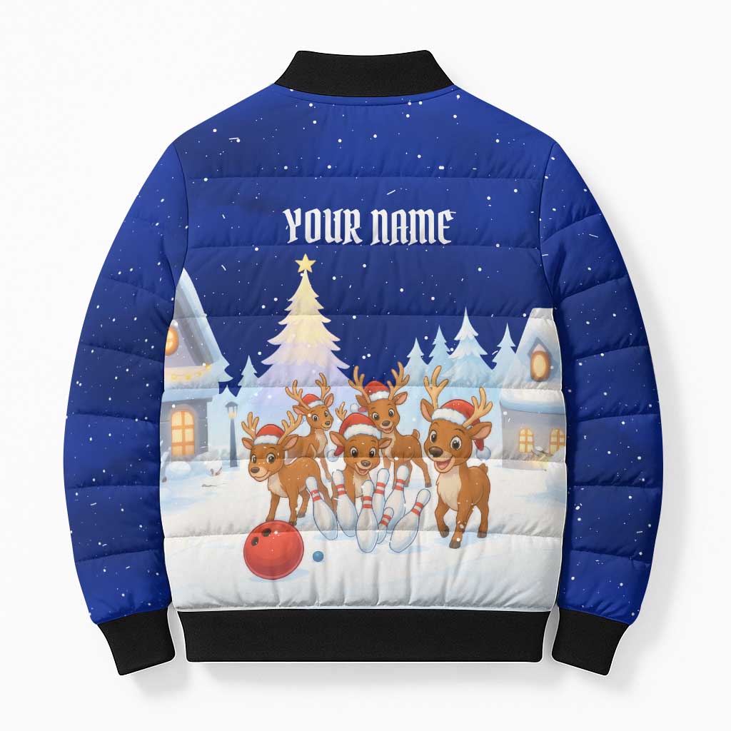 Funny Christmas Reindeer Bowling Custom Bomber Puffer Jacket with Reindeer Snow Scene - Wonder Print Shop