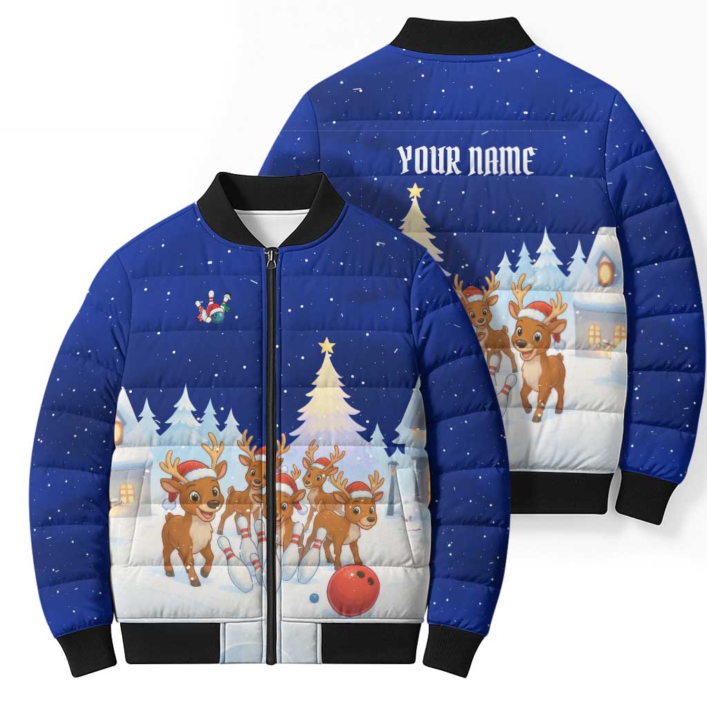 Funny Christmas Reindeer Bowling Custom Bomber Puffer Jacket with Reindeer Snow Scene - Wonder Print Shop