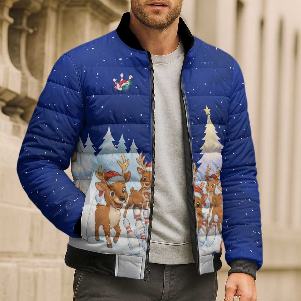 Funny Christmas Reindeer Bowling Custom Bomber Puffer Jacket with Reindeer Snow Scene - Wonder Print Shop