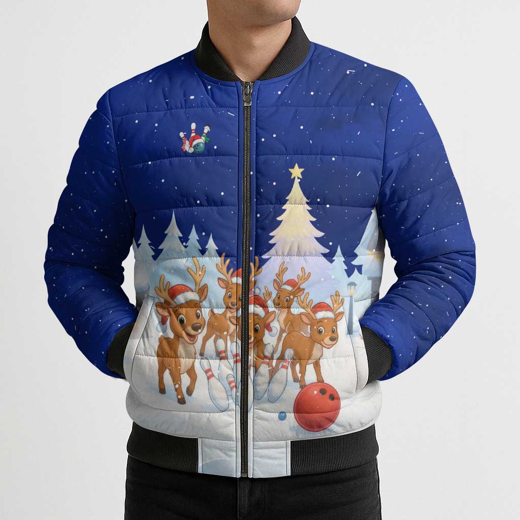 Funny Christmas Reindeer Bowling Custom Bomber Puffer Jacket with Reindeer Snow Scene - Wonder Print Shop