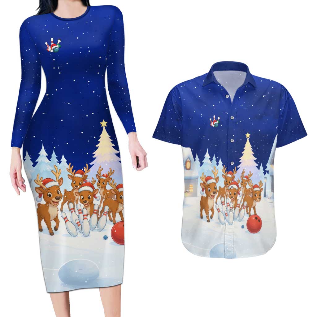 Funny Christmas Reindeer Bowling Custom Couples Matching Long Sleeve Bodycon Dress and Hawaiian Shirt with Reindeer Snow Scene - Wonder Print Shop